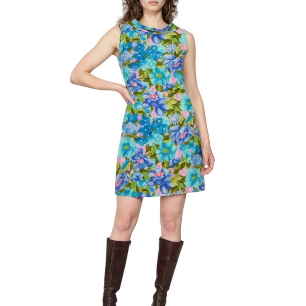 VTG Fritzi Of California Floral 60s Boho Retro Sleeveless Dress Turquoise Size M